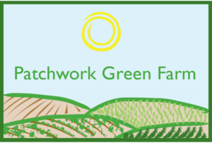 Logo of Patchwork Green Farm featuring stylized fields and a sun symbol, representing sustainable agriculture and local farming.