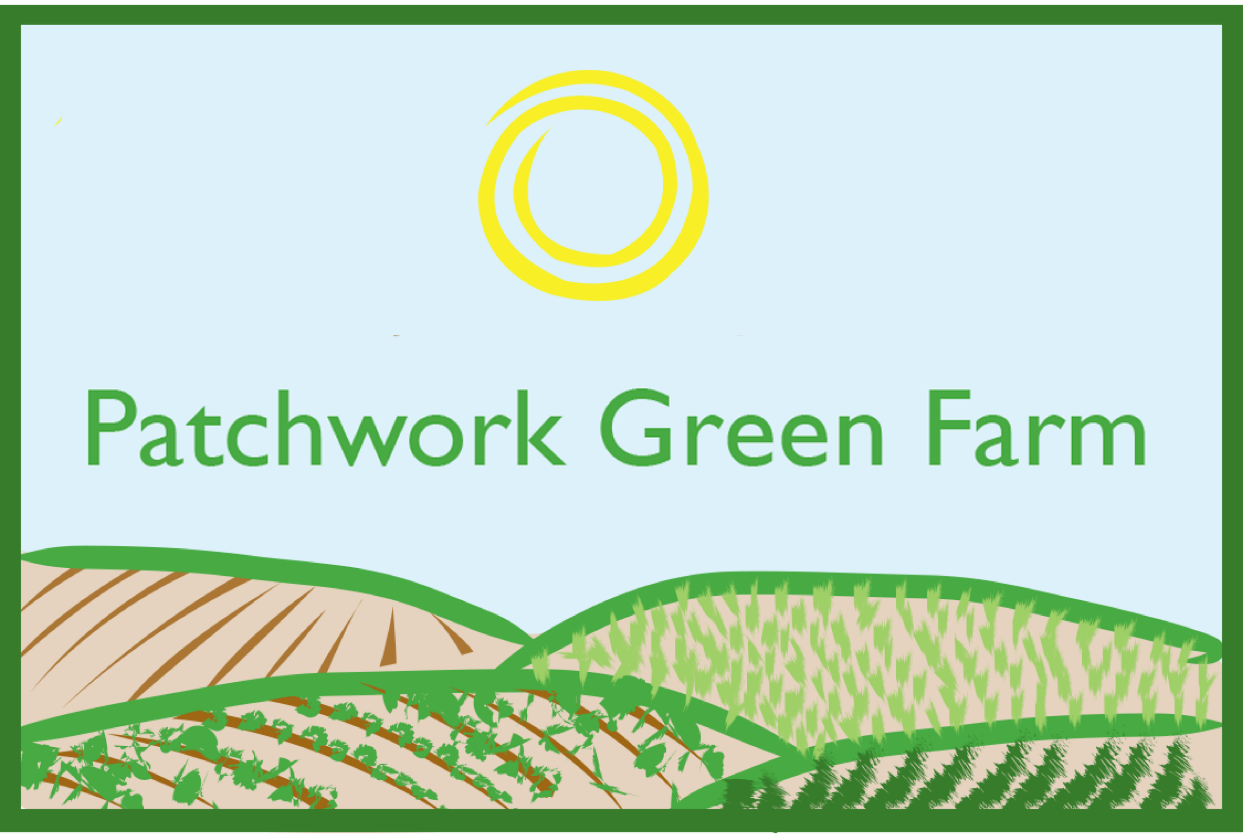 Logo of Patchwork Green Farm featuring stylized fields and a sun symbol, representing sustainable agriculture and local farming.